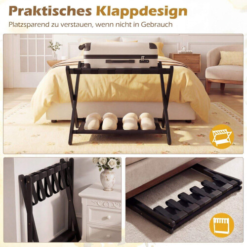 Foldable Rubberwood Luggage Rack, Black, 2 Shelves 1