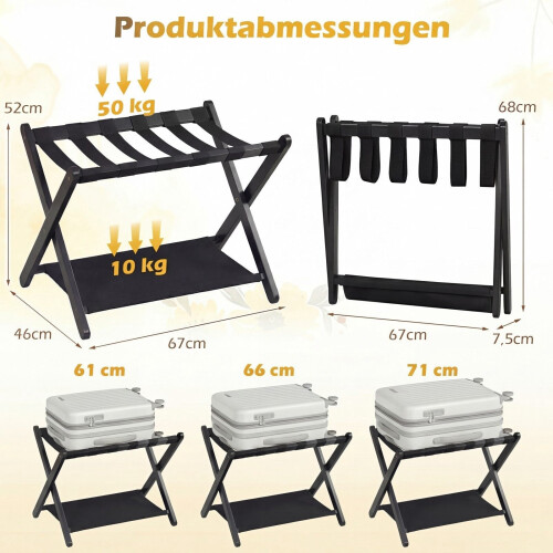 Foldable Rubberwood Luggage Rack, Black, 2 Shelves 2