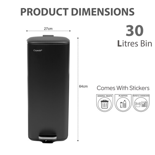 30L Black Square Stainless Steel Kitchen Bin Pedal Bin with Soft-Close Lid 1