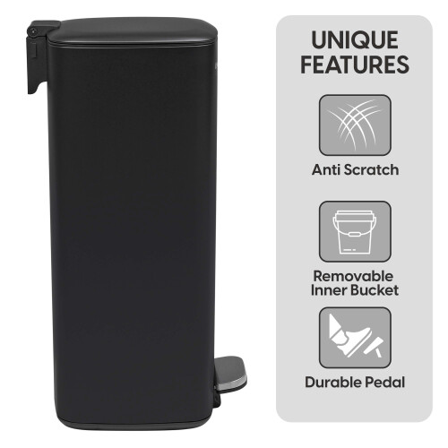 30L Black Square Stainless Steel Kitchen Bin Pedal Bin with Soft-Close Lid 2