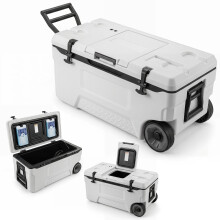 74 Quart Rolling Cooler with Fish Ruler, White