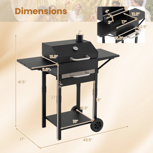 Charcoal Grill with Thermometer, Side Tables & Wheels 2