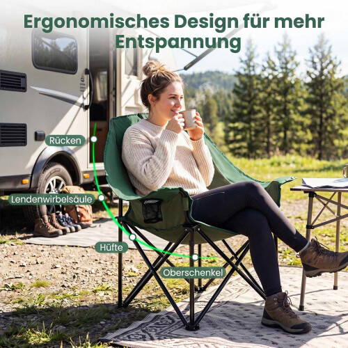 Oversized Green Camping Chair, Foldable with Cushion & Cup Holder