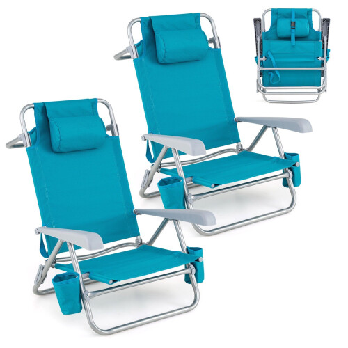 Folding Beach Chair Set, Adjustable Recline, Turquoise 2