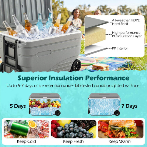 84 Quart Wheeled Ice Cooler, Gray, Foldable Handle 2