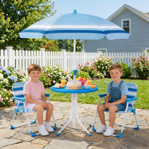 Children's Picnic Table Set with Adjustable Parasol, Blue 1
