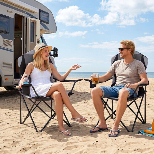 Folding Camping Chairs with Cup Holders, Black - 2 Pack 1