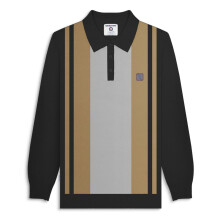 (2XL, Black/Grey) Lambretta Mens Vintage Panel Long Sleeve Mod Polo Shirt Collar Button Top