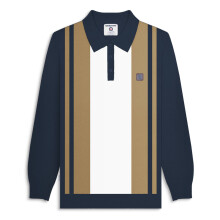(S, Dark Navy/Grey) Lambretta Mens Vintage Panel Long Sleeve Mod Polo Shirt Collar Button Top