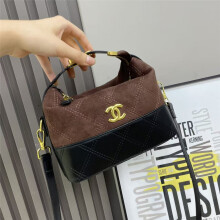(Dark brown) Retro style diamond quilted handbag Contrast color stitching lunch box bag