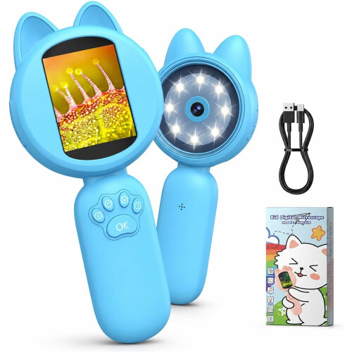 (Blue) Kids Digital Microscope, 2-Inch Screen, 4X Zoom, 8 LEDs