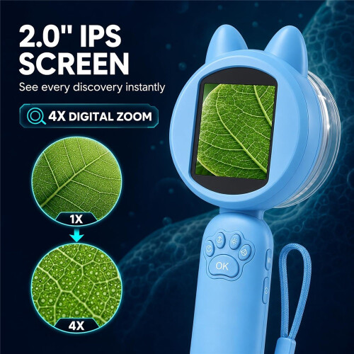 (Blue) Kids Digital Microscope, 2-Inch Screen, 4X Zoom, 8 LEDs 1