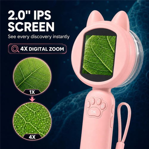 (Pink) Kids Digital Microscope, 2-Inch Screen, 4X Zoom, 8 LEDs 1