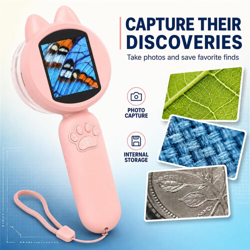 (Pink) Kids Digital Microscope, 2-Inch Screen, 4X Zoom, 8 LEDs 2