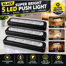 Black 5 LED Push Light Battery Stick On Cupboard