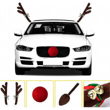 4-delige kerstauto met hert, rendier, gewei, rode neus, gewei, staart en belletjes. Deze auto-kostuumset is perfect als kerstdecoratie of als feestc