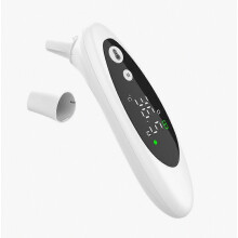 Oplaadbare infrarood oorthermometer met 3 standen voor het meten van voorhoofd-, oor- en kamertemperatuur, inclusief registratie en alarmlicht.