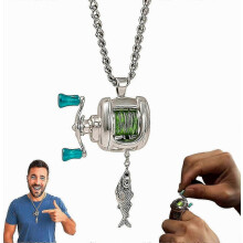 Nieuwe herenketting met vismolenmotief, draaibare hendel en bewegende lijngeleider, een perfect cadeau voor vissers.