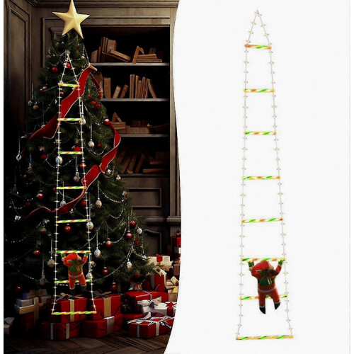Weihnachtsmann-Plüschfigur mit Leiter, LED-Beleuchtung, 8 Leuchtmodi, 170 cm