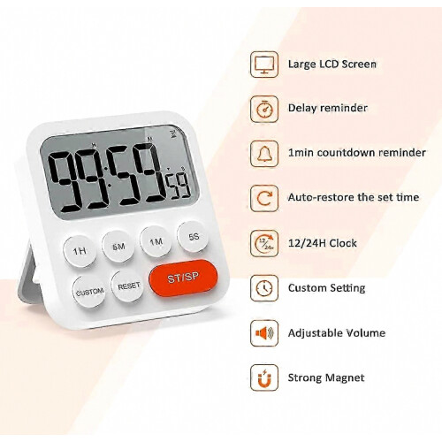 Digital Kitchen Timer, Stopwatch & Countdown Timer with Custom Mode, 3 Adjustable Volume Levels, Magnetic Back, Folding Stand 1