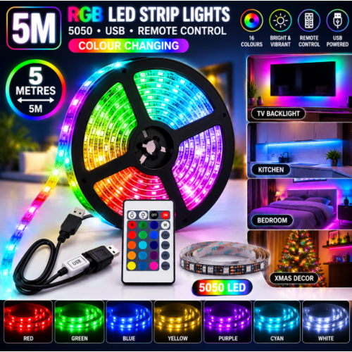 5M RGB LED Strip Lights 5050 USB Remote