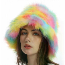 Grote pluizige bucket hat van imitatiebont (55-65 cm) voor dames en heren, wintermuts in regenboogkleuren, warme dikke pluche muts, luxe feestmuts,