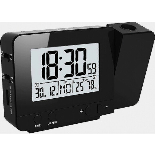 LED Projector Clock with Digital Alarm, Indoor Temperature Display, 4-Level Brightness Adjustment, Black