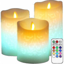Kleurveranderende LED-kaars met gegraveerde designs - Gemaakt van echte was, met flikkerende lont, vlamloos, inclusief afstandsbediening en timer.