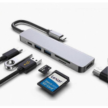 6-in-1 USB-C-hub voor MacBook Pro – Type-C 4K HDMI-multiportadapter met SD-kaartlezer – Grijs