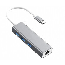 USB-C to Ethernet Adapter Splitter, Type-C to RJ45 Gigabit Network Converter with 3-Port USB 3.0 Hub, Gray