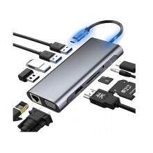 USB-C-keskitin, Ethernet RJ45, VGA, USB-portti, 100 W PD, AUX, SD/TF-kortinlukija, yhteensopiva MacBookin, XPS:n, Surfacen ja muiden Type-C-kannetta