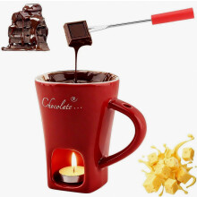 Chocoladesmeltbekerset, fonduebeker, mini keramische multifunctionele pan met 1 vork en 4 kaarsen voor het smelten van chocolade, kaas en boter, per