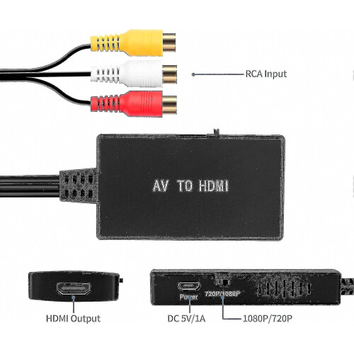 Μετατροπέας RCA σε HDMI, Προσαρμογέας Composite σε HDMI που υποστηρίζει 1080p Pal/ntsc A 2