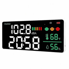 Decibelmeter, wandgemonteerde geluidsniveaumeter met een bereik van 30-130 decibel, 11 inch LED-display, ruis, tijd en temperatuur.