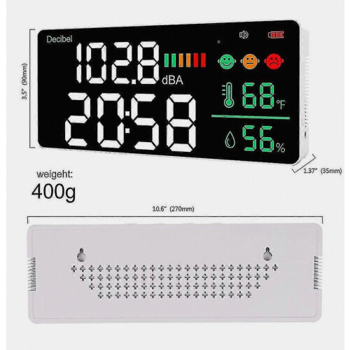 Decibel meter wall-mounted sound level meter 30-130 decibel range 11 inches light-emitting diode display noise time temperature 1