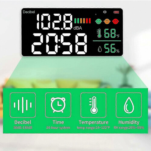 Decibel meter wall-mounted sound level meter 30-130 decibel range 11 inches light-emitting diode display noise time temperature 2