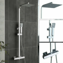 Bathroom Thermostatic Exposed Shower Mixer Rain Head Square Bar Set Chrome