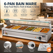 6 Pans Countertop Electric Bain Marie Wet Heat Food Warmer Stainless Steel Glass