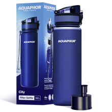 AQUAPHOR City Bottle 500ml Navy I Bottle with water filter for travel I Filter with activated carbon I Filters chlorine & impurities I Made of Tritan