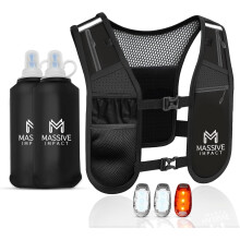 Massive Impact Running Vest with Water Bottles (2500ml) & 3 LED Lights | Lightweight Reflective Hydration Vest with Phone Holder & 6 Pockets | Adjus