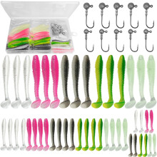 45 Pcs Soft Fishing Lures Set and 10 Pcs Triangular Jig Heads for Spin Fishing, 5.5cm+6.5cm+7.5cm Bionic Fish Baits,Realistic Soft Lures Bait Set,Rub
