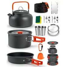 17-Piece Camping Cooking Set for 2–3 People, Aluminium Camping Pots and Pans with Kettle, Plates, Cups & Windshield, Lightweight Camping Cookware an