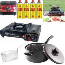 Camping 3 PIECE Cooking Set 8-Inch Nonstick Chip Pan with Lid & Basket and Portable Gas Stove with 4 Butane Canisters – Ideal for Deep Frying & Outd