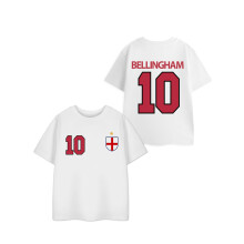 Show Me The Merch Bellingham 10 White Red Graphic Tee | Kids Short Sleeve Football Jersey Top | England Shield Crest Sports T-Shirt | Classic Crew Ne