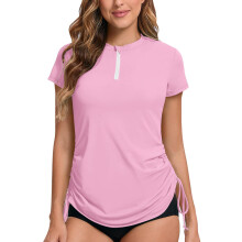 Rash Vest Women Short Sleeve Rash Guard 1/4 Zip Front Ladies Swim Top Quick Dry UV Swimming Shirts Adjustable Hem UPF 50+ Pink 16