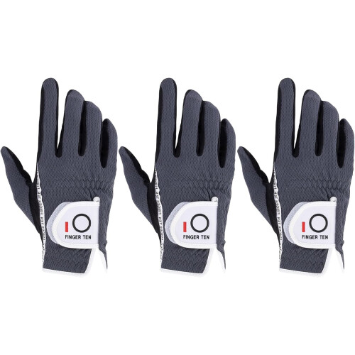 FINGER TEN Golf Gloves Men Left Right Hand Grip 3 Pack (Grey, M, Right)