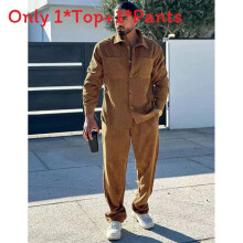 (Ginger,S)Men Casual Top Pants Suit With Corduroy Fabric Multiple Pockets For Summer Wear Daily