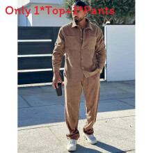 (Khaki,XXXL)Men Casual Top Pants Suit With Corduroy Fabric Multiple Pockets For Summer Wear Daily