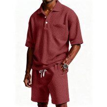(Burgundy,4XL)Mens Casual Summer Polo Tshirt And Short Pants Set With Waffle Fabric Youth For