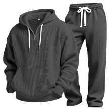 (Black,XXL)Athleisure Solid Color Hoodie Pants Set With Waffle Fabric For Men Young